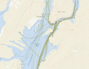 Map of ferry boat routes in the Mid-Atlantic