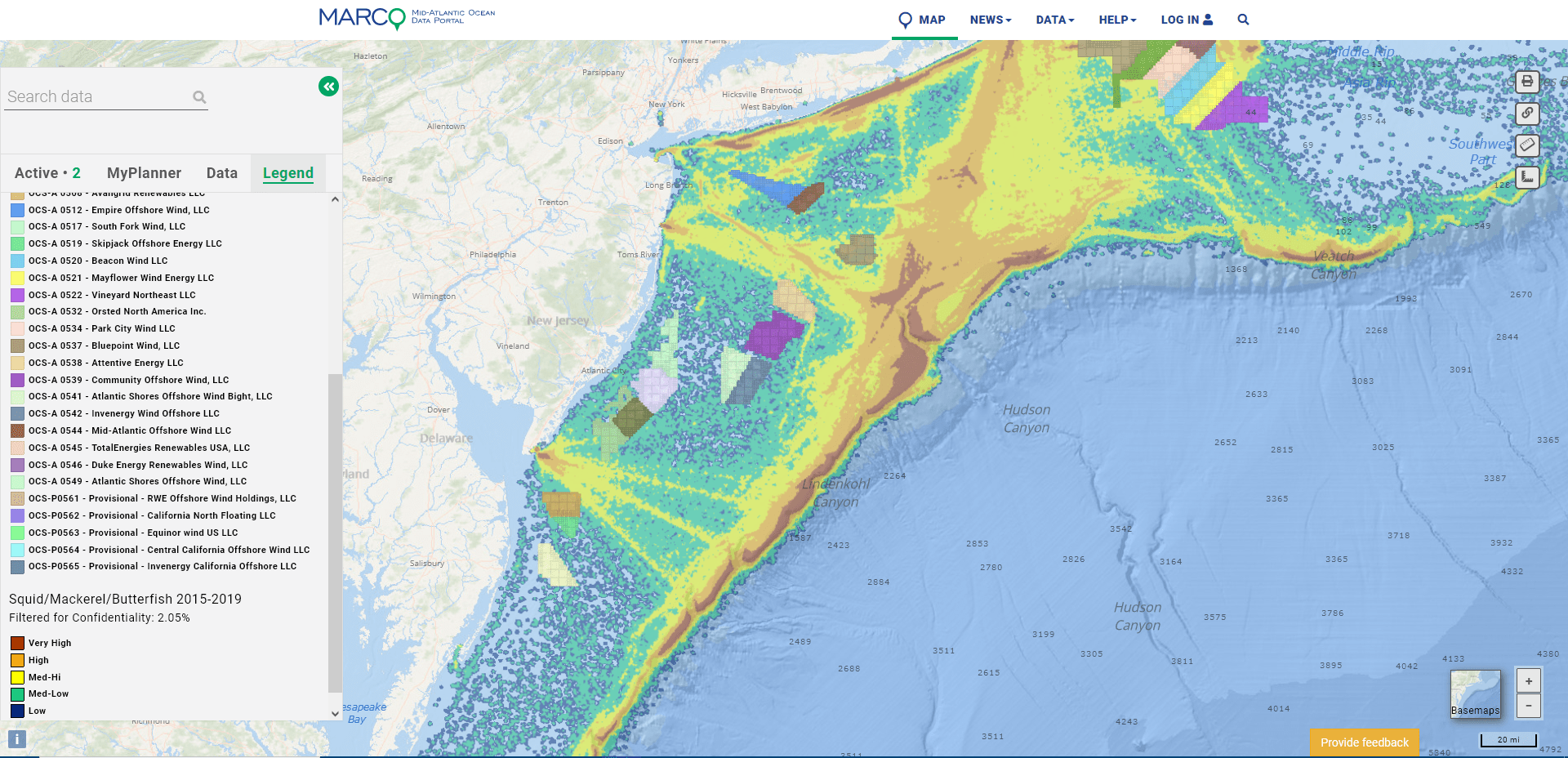 MARCO Portal map showing offshore wind areas and fishing vessel activity.