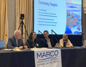 A panel of four members speaks to the audience